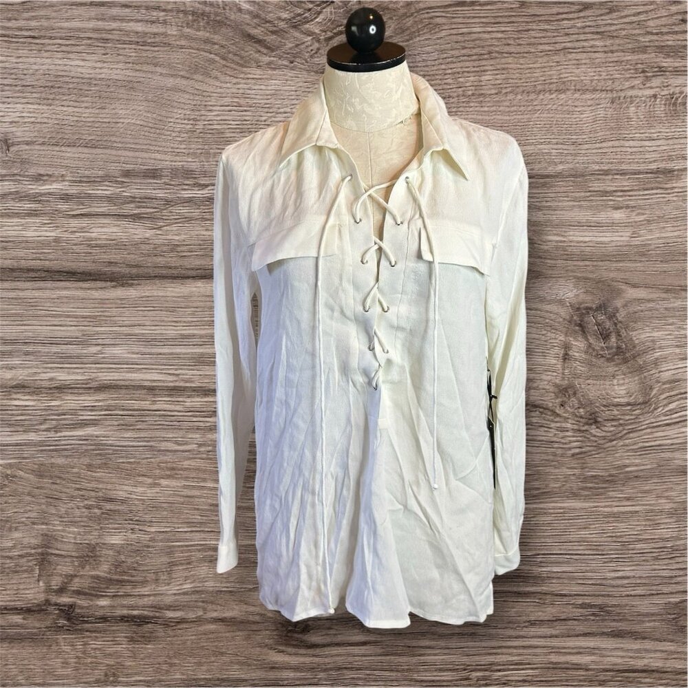 Lulu’s Peasant Lace Up Blouse Black Sz M NWT‎ Tunic Long Sleeve Collared Boho
